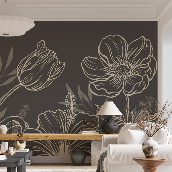 Fototapet Delicate florale linie art design, Fototapet flori, Fototapet populare, t00006 - Tapeko.ro