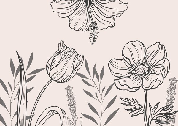 Fototapet Delicate florale linie art design, Fototapet moderne, Fototapet populare, t00006v1 - Tapeko.ro
