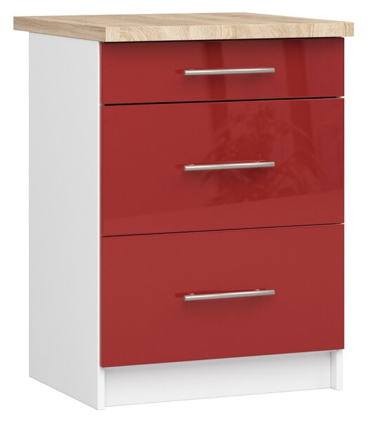 Dulap inferior de bucătărie Ozara S60 3SZ (alb + roșu lucios). Promo -16%. 1071118