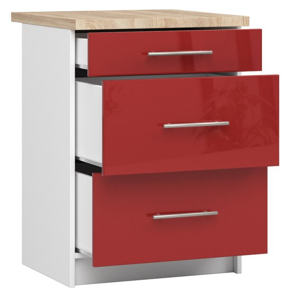 Dulap inferior de bucătărie Ozara S60 3SZ (alb + roșu lucios). Promo -16%. 1071118