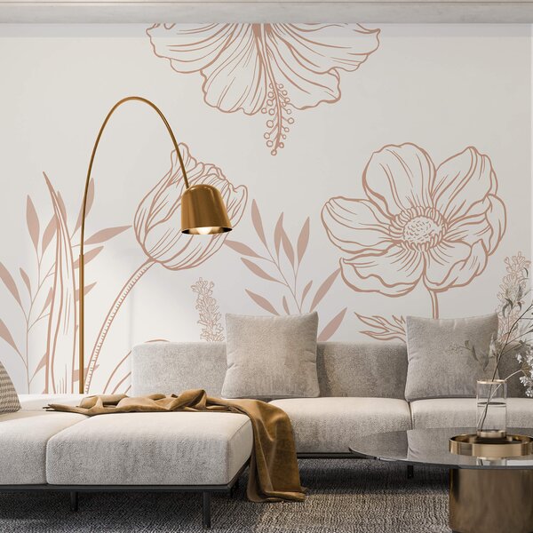 Fototapet Design floral delicat de artă liniară, Fototapet pene, Fototapet populare, t00006v2 - Tapeko.ro