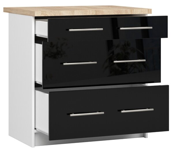 Dulap inferior de bucătărie Ozara S80 3SZ (alb + negru lucios). Promo -20%. 1071129