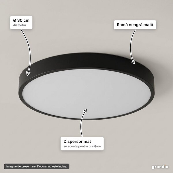 Plafonieră LED rotundă neagră, Ø 30 cm, dispersor mat