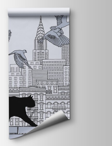 Fototapet Pisică mergând pe un perete cu păsări zburând pe cer, Fototapet skyline, Fototapet populare, t00078 - Tapeko.ro