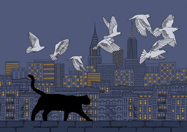 Fototapet Pisică mergând pe un perete cu păsări zburând pe cer, Fototapet skyline, Fototapet populare, t00078v2 - Tapeko.ro