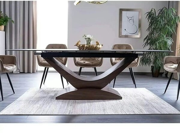 Masa sticla securizata DOLCE, gri mat/nuc, 180-240x95x76 cm
