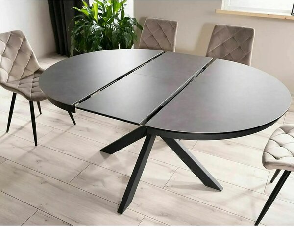 Masa rotunda extensibila 120 cm PORTO, gri inchis/negru mat, sticla se