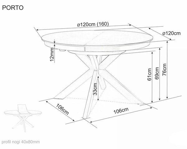 Masa rotunda extensibila 120 cm PORTO, gri inchis/negru mat, sticla se
