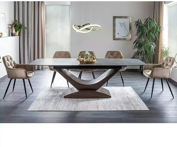 Masa sticla securizata DOLCE, gri mat/nuc, 180-240x95x76 cm