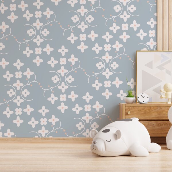 Fototapet Model de flori albe și puncte roz pe un fundal albastru, Fototapet flori, Fototapet populare, t00159 - Tapeko.ro