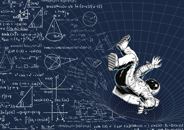 Fototapet Om în costum spațial care cade pe o tablă cu ecuații matematice, Fototapet spațiu cosmic, Fototapet populare, t00171 - Tapeko.ro