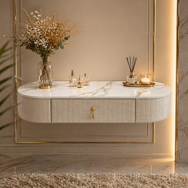Set SARAH, Masă de toaletă pentru machiaj cu oglindă iluminată LED, control touch, sertar, taburet, 100x40x76 cm, Bej/Auriu