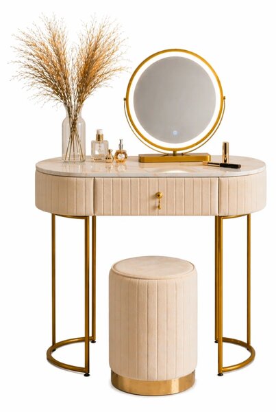 Set SARAH, Masă de toaletă pentru machiaj cu oglindă iluminată LED, control touch, sertar, taburet, 80x40x76 cm, Bej/Auriu