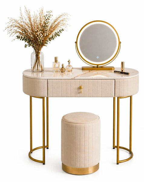 Set SARAH, Masă de toaletă pentru machiaj cu oglindă iluminată LED, control touch, sertar, taburet, 100x40x76 cm, Bej/Auriu