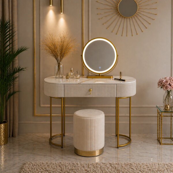 Set SARAH, Masă de toaletă pentru machiaj cu oglindă iluminată LED, control touch, sertar, taburet, 100x40x76 cm, Bej/Auriu