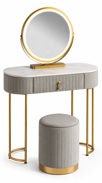 Set SARAH, Masă de toaletă pentru machiaj cu oglindă iluminată LED, control touch, sertar, taburet, 80x40x76 cm, Gri/Auriu
