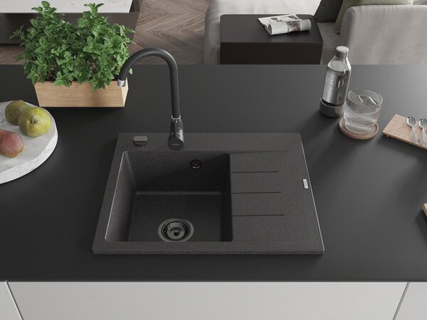 Mexen Ben, chiuvetă granit cu 1 cameră 600x500x190 mm, stânga + sifon negru, pete negre, 6522605000-76-B