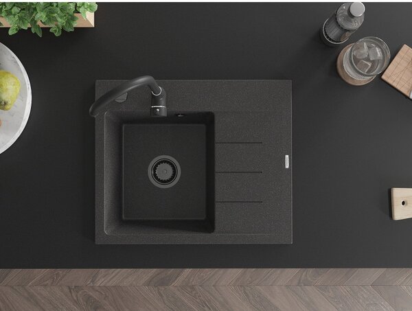 Mexen Ben, chiuvetă granit cu 1 cameră 600x500x190 mm, stânga + sifon negru, pete negre, 6522605000-76-B