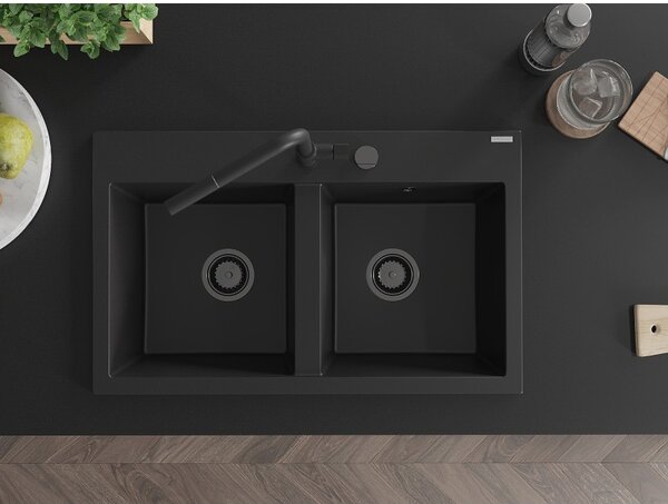 Mexen Hektor, chiuvetă granit cu 2 camere 800x480x205 mm, negru, sifon grafit, 6521802000-77-B