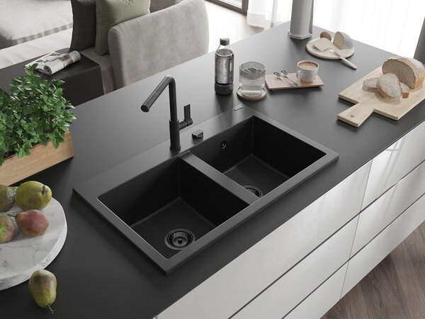 Mexen Hektor, chiuvetă granit cu 2 camere 800x480x205 mm, negru, sifon grafit, 6521802000-77-B