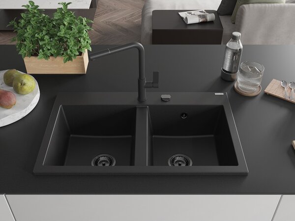 Mexen Hektor, chiuvetă granit cu 2 camere 800x480x205 mm, negru, sifon grafit, 6521802000-77-B