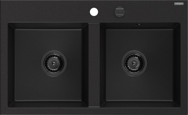 Mexen Hektor, chiuvetă granit cu 2 camere 800x480x205 mm, negru, sifon grafit, 6521802000-77-B