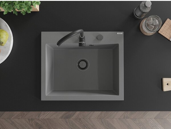 Chiuvetă din granit Mexen Elix cu 1 compartiment 600 x 500 mm, gri, sifon negru - 6525601005-71-B