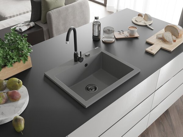 Chiuvetă din granit Mexen Elix cu 1 compartiment 600 x 500 mm, gri, sifon negru - 6525601005-71-B