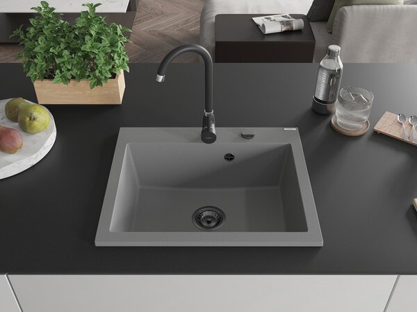 Chiuvetă din granit Mexen Elix cu 1 compartiment 600 x 500 mm, gri, sifon negru - 6525601005-71-B