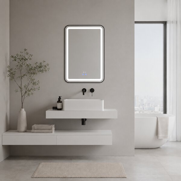 Oglindă de baie Bianca cu iluminare LED și funcție anti-aburire – ramă argintie, 60x80 cm