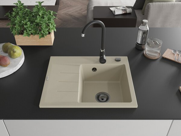 Mexen Ben, chiuveta granit cu 1 camera 600x500x190 mm, dreapta + sifon negru, bej, 6523605000-69-B