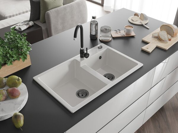 Mexen Tomas, chiuveta granit 800x500x190 mm, 2 camere, alb cu sifon negru, 6516802000-20-B