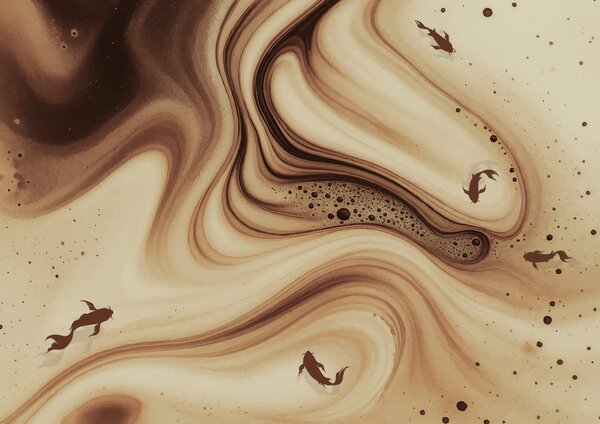Fototapet Brown și alb valuri swirly cu siluete de pește, Fototapet abstracte, Fototapet populare, t00232 - Tapeko.ro