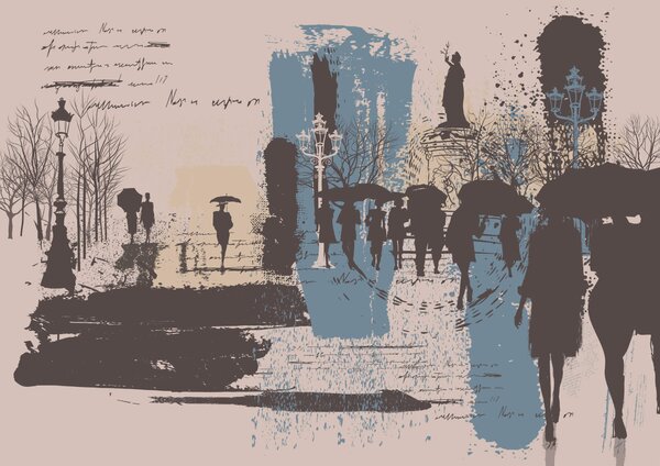 Fototapet Grup de oameni pe jos cu umbrele, Fototapet skyline, Fototapet populare, t00239 - Tapeko.ro