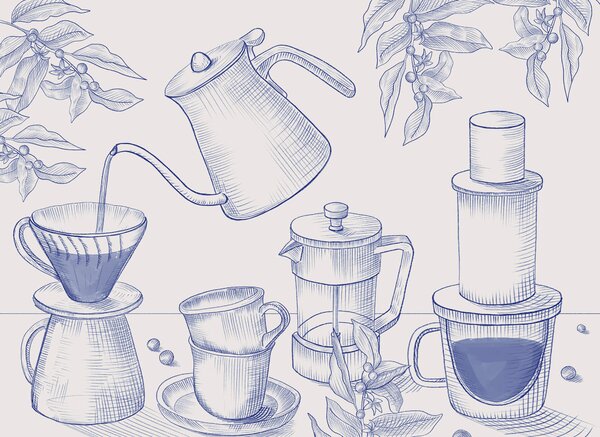 Fototapet Desenul procesului de preparare a cafelei, Fototapet mâncare și băutură, Fototapet populare, t00275v1 - Tapeko.ro