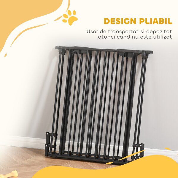 PawHut Poartă Metalică de Siguranță, Barieră pentru Câini cu Sistem de Autoînchidere, Reglabilă și Pliabilă, 180x3x74.5 cm, Negru | Aosom Romania