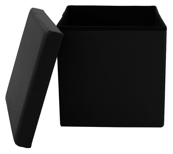 Taburet hol cufar cu spatiu de depozitare Crystal piele ecologica negru 38x38x38cm