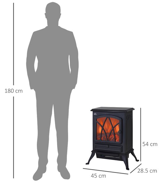 HOMCOM Șemineu Electric cu Efect de Flăcări, Sobă Electrică cu Termostat și Lumină Reglabilă, 45x28,5x54 cm, Negru | Aosom Romania