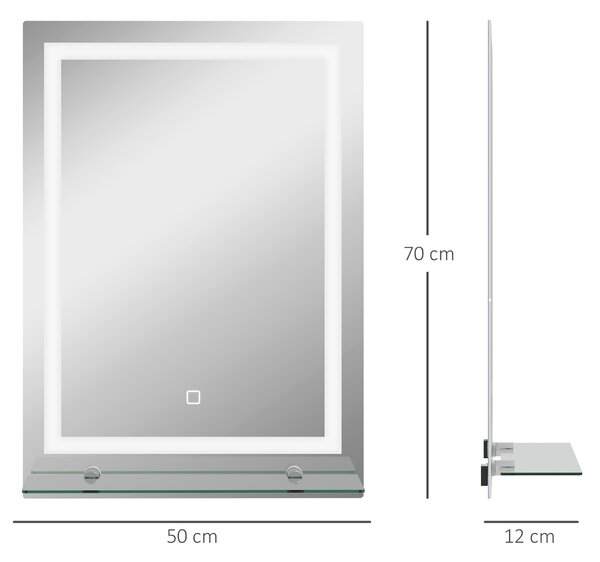 Kleankin Oglindă de Baie cu Lumini LED în 3 Culori Reglabile și Raft din Sticlă, 50x12x70 cm, Argintiu | Aosom Romania