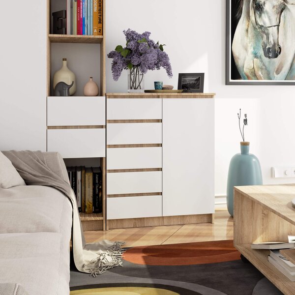 Comodă Kirmair (stejar sonoma + alb). Promo -11%. 1117248