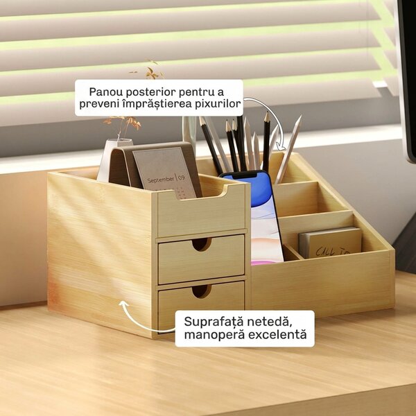 HOMCOM Organizator Birou cu 2 Sertare și 7 Compartimente din Bambus 33x20.5x15.5 cm | Aosom Romania