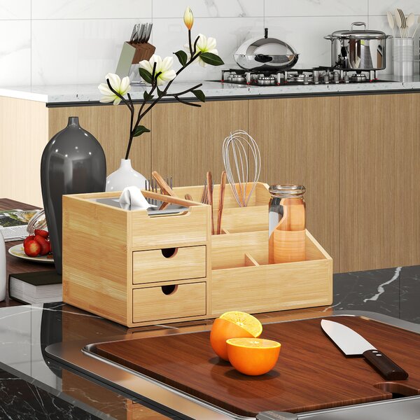 HOMCOM Organizator Birou cu 2 Sertare și 7 Compartimente din Bambus 33x20.5x15.5 cm | Aosom Romania