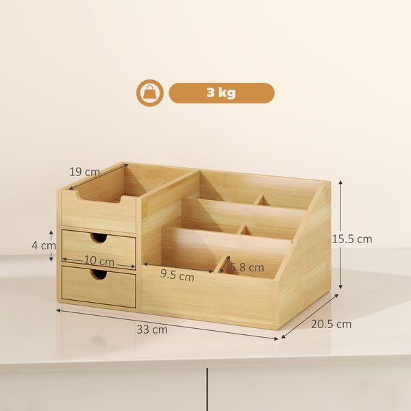 HOMCOM Organizator Birou cu 2 Sertare și 7 Compartimente din Bambus 33x20.5x15.5 cm | Aosom Romania
