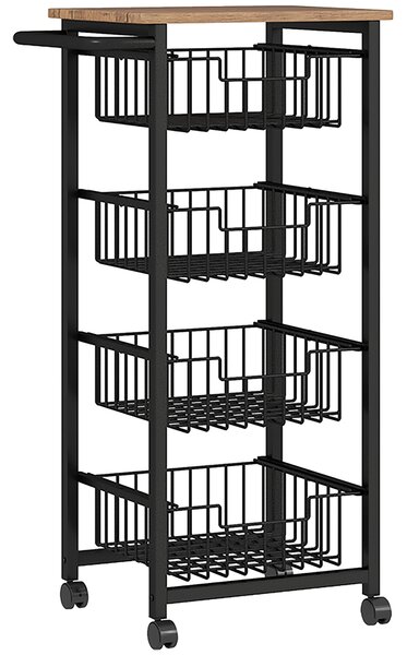 HOMCOM Cărucior de Bucătărie cu 4 Coșuri Detașabile, Roți și Frâne, Oțel și Lemn, 49.5x31x91 cm, Stejar | Aosom Romania