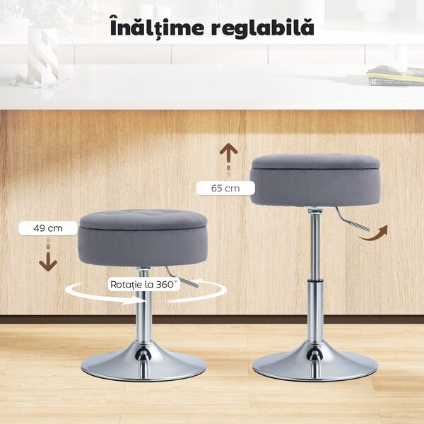 HOMCOM Round Bar Stool, Height Adjustable Swivel Pub Chair with Storage and Metal Base, Backless Tufted Makeup Stool for Breakfast Counter, Kitchen Island, Bedroom, Living Room, Grey | Aosom Romania