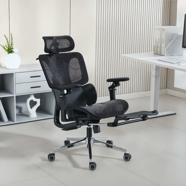 HOMCOM Scaun de Birou Ergonomic din Plasă cu Cotiere, Tetieră, Spătar Reglabil, Funcție Legănare, Negru | Aosom Romania
