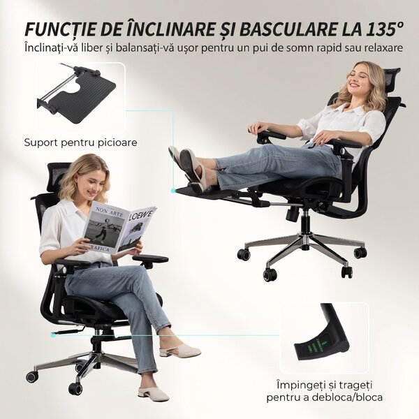 HOMCOM Scaun de Birou Ergonomic din Plasă cu Cotiere, Tetieră, Spătar Reglabil, Funcție Legănare, Negru | Aosom Romania