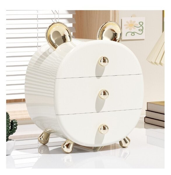 Dulap organizator pentru cosmetice, 3 sertare depozitare, model alb ursulet cu urechi aurii, JollyMag, CB77, 29.2x23.2x17 cm
