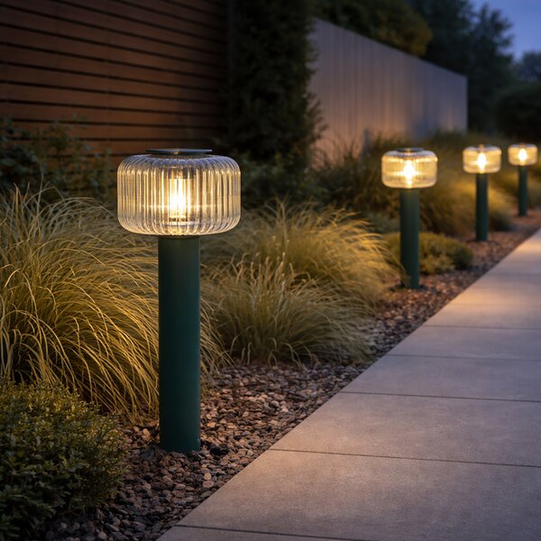 Stâlp de iluminat exterior modern verde cu sticlă canelată, cu LED solar IP65 - Ribble Mushroom