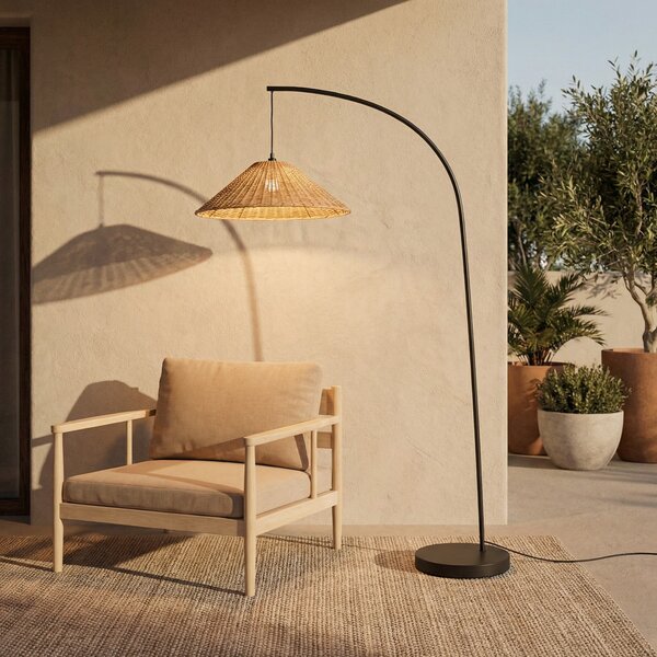 Lucande Lampa de exterior Taniola, conică, ratan, 195 cm, IP44, Lemn, Lemn, Casă de țară / Rustic, Proiector suspendat